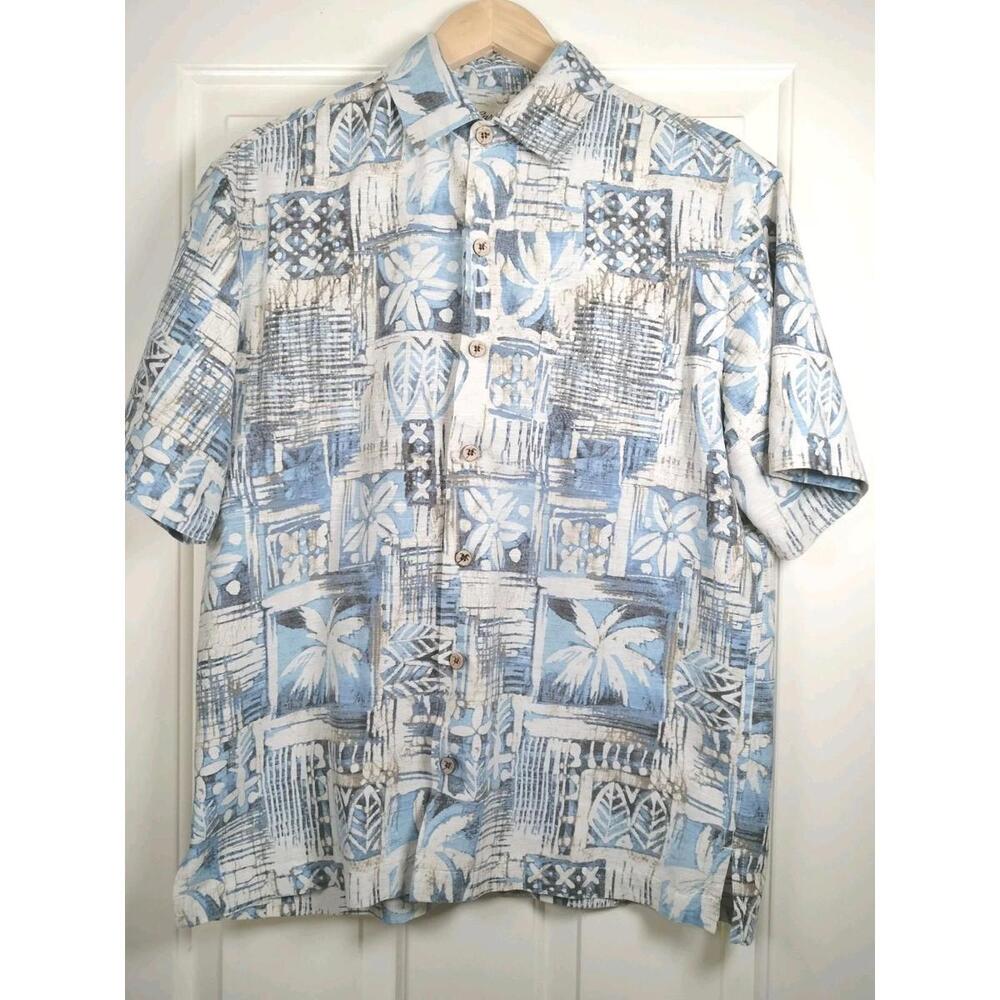 Caribbean Pure Silk Mens Medium Blue Patchwork Tropical Palm Tree Hawaiian Shirt